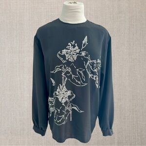 First Glimpse Vintage Black Long Sleeve Top with White Sequin Floral Design